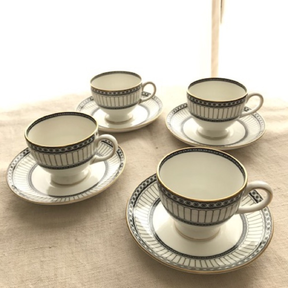 4 Wedgwood Colonnade Black Teacup & Saucer Sets